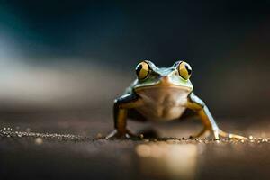 a frog is sitting on the ground with its eyes open. AI-Generated photo