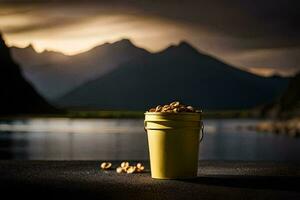 a bucket of peanuts on the side of a road. AI-Generated photo