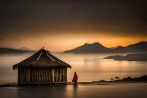 a woman stands in front of a hut on the shore of a lake. AI-Generated photo