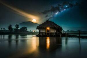 a hut in the middle of the water with a full moon. AI-Generated photo