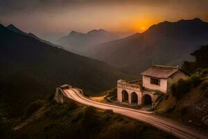 un casa en un montaña con el Dom ajuste detrás él. generado por ai foto