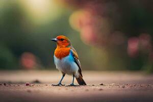 un pequeño pájaro con naranja y azul plumas en pie en el suelo. generado por ai foto