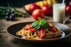 spaghetti with tomatoes and basil leaves on a wooden table. AI-Generated photo