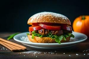 a hamburger with tomatoes and lettuce on a white plate. AI-Generated photo