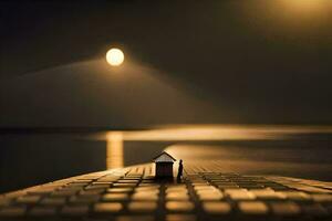 a small house on a pier at night with the moon in the background. AI-Generated photo