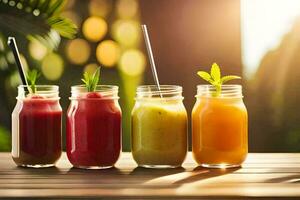 five different smoothies in jars on a table. AI-Generated photo