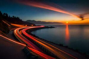 a long exposure photograph of a road and the ocean at sunset. AI-Generated photo