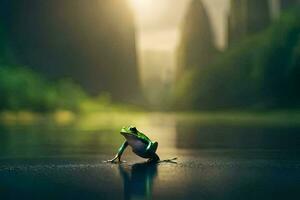 a frog sitting on the ground in front of a river. AI-Generated photo