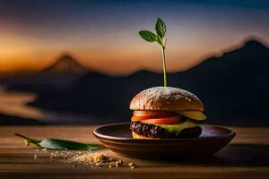 a burger with a plant on top of it. AI-Generated photo