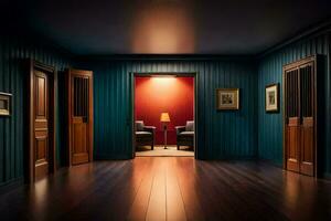 a dark room with wooden floors and blue walls. AI-Generated photo