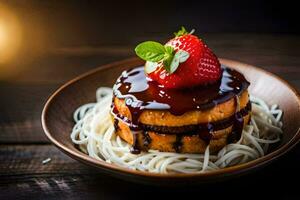 a plate with spaghetti and strawberries on top. AI-Generated photo