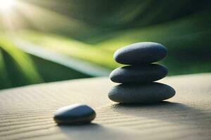 a stack of stones on a table with the sun shining in the background. AI-Generated photo