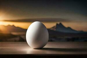 un huevo en un mesa en frente de un montaña. generado por ai foto