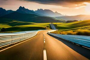 un la carretera en el montañas con un puesta de sol en el antecedentes. generado por ai foto