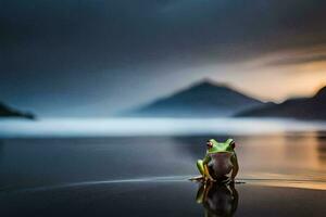 a frog sitting on the edge of a lake at sunset. AI-Generated photo