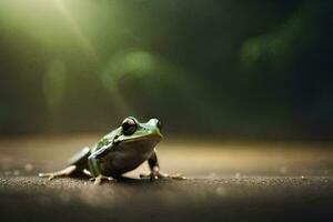 a frog sitting on the ground in front of a green background. AI-Generated photo