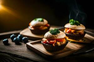 three mini cupcakes with cheese and vegetables on a wooden cutting board. AI-Generated photo