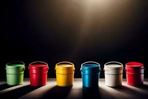 a row of colorful buckets on a dark background. AI-Generated photo