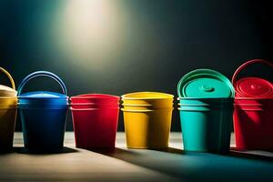 a row of colorful plastic buckets. AI-Generated photo