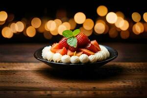 a dessert with strawberries and whipped cream on a wooden table. AI-Generated photo