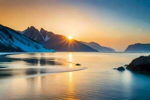 the sun rises over a mountain range and a beach. AI-Generated photo