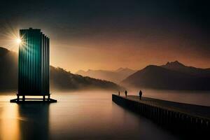 the sun is shining over a tall building on a dock. AI-Generated photo
