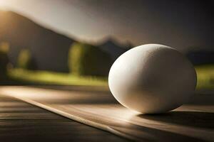 a white egg sitting on a wooden table. AI-Generated photo