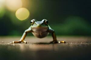 a frog is standing on the ground with its eyes open. AI-Generated photo