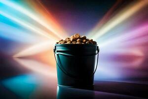 a bucket filled with nuts on a dark background. AI-Generated photo