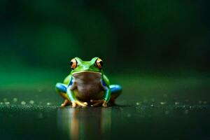 a frog sitting on the ground with a green background. AI-Generated photo