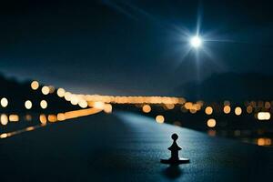 un solitario figura soportes en un puente a noche. generado por ai foto