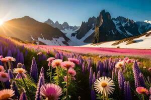 the sun shines on a field of wildflowers in the mountains. AI-Generated photo