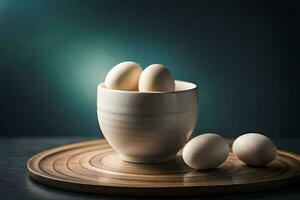 eggs in a cup on a wooden tray. AI-Generated photo