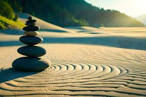 a stack of rocks in the sand. AI-Generated photo