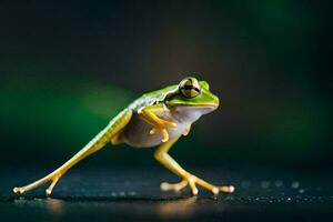 a frog is standing on its hind legs. AI-Generated photo