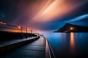 a long exposure photo of a pier at night. AI-Generated