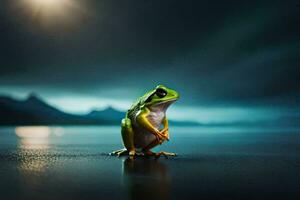 a frog sitting on the ground at night. AI-Generated photo