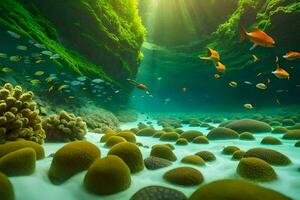 photo wallpaper sea, the sun, fish, coral, rocks, the ocean, underwater, underwater. AI-Generated