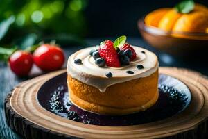 a cake with berries and cream on a wooden plate. AI-Generated photo