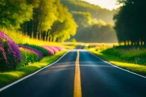 road, the sun, flowers, the road, the road, the road, the road,. AI-Generated photo