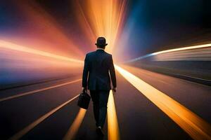 a man in a suit and hat walking down a road with light trails. AI-Generated photo