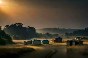 el Dom sube terminado un pequeño pueblo en el neblina. generado por ai foto