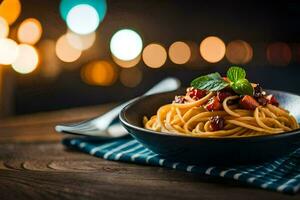 spaghetti with cherry tomatoes and basil leaves in a bowl. AI-Generated photo