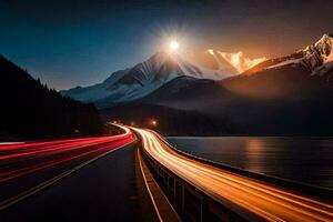 un largo exposición fotografía de un montaña rango y un la carretera. generado por ai foto