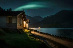 a cabin by the water with a green aurora. AI-Generated photo