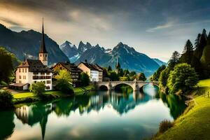 the beautiful village of switzerland with a river and mountains. AI-Generated photo