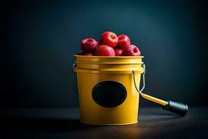 a bucket filled with raspberries on a dark background. AI-Generated photo