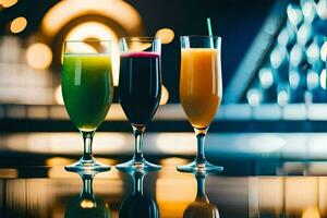 three glasses of juice on a table. AI-Generated photo