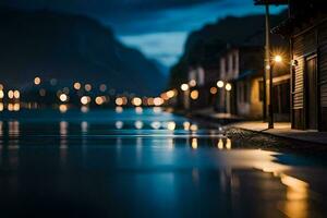 un ciudad calle a noche con luces en el agua. generado por ai foto