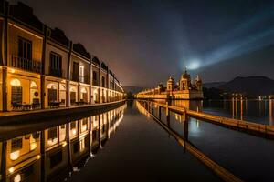 the night view of a lake and buildings at night. AI-Generated photo